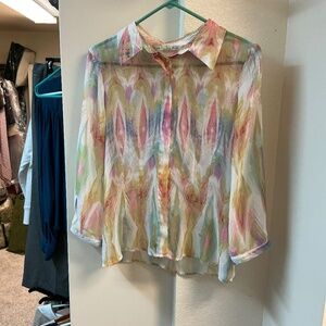 Peter Nygard 6 sheer multicolor peacock feather button collar 3/4 Sleeve Blouse